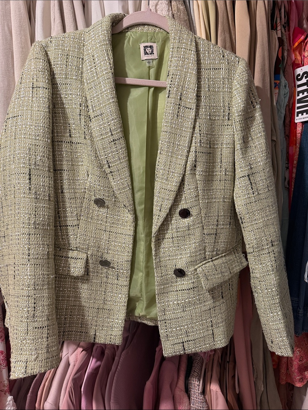 Anne Klein Light Green Tweed Double-Breasted Blazer